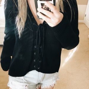 Black Lace Up V-neck sweater